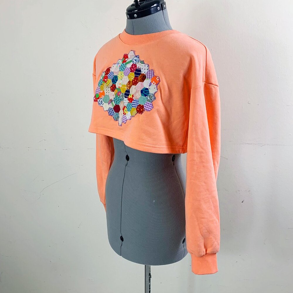 Ooak Upcycled Quilted Hexagon Patchwork Cropped S… - image 3